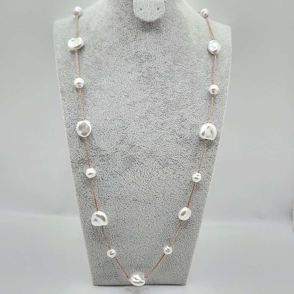 Boho‎ Faux Baroque Pearl Long Adjustable Cord Necklace Old Money by J Jill